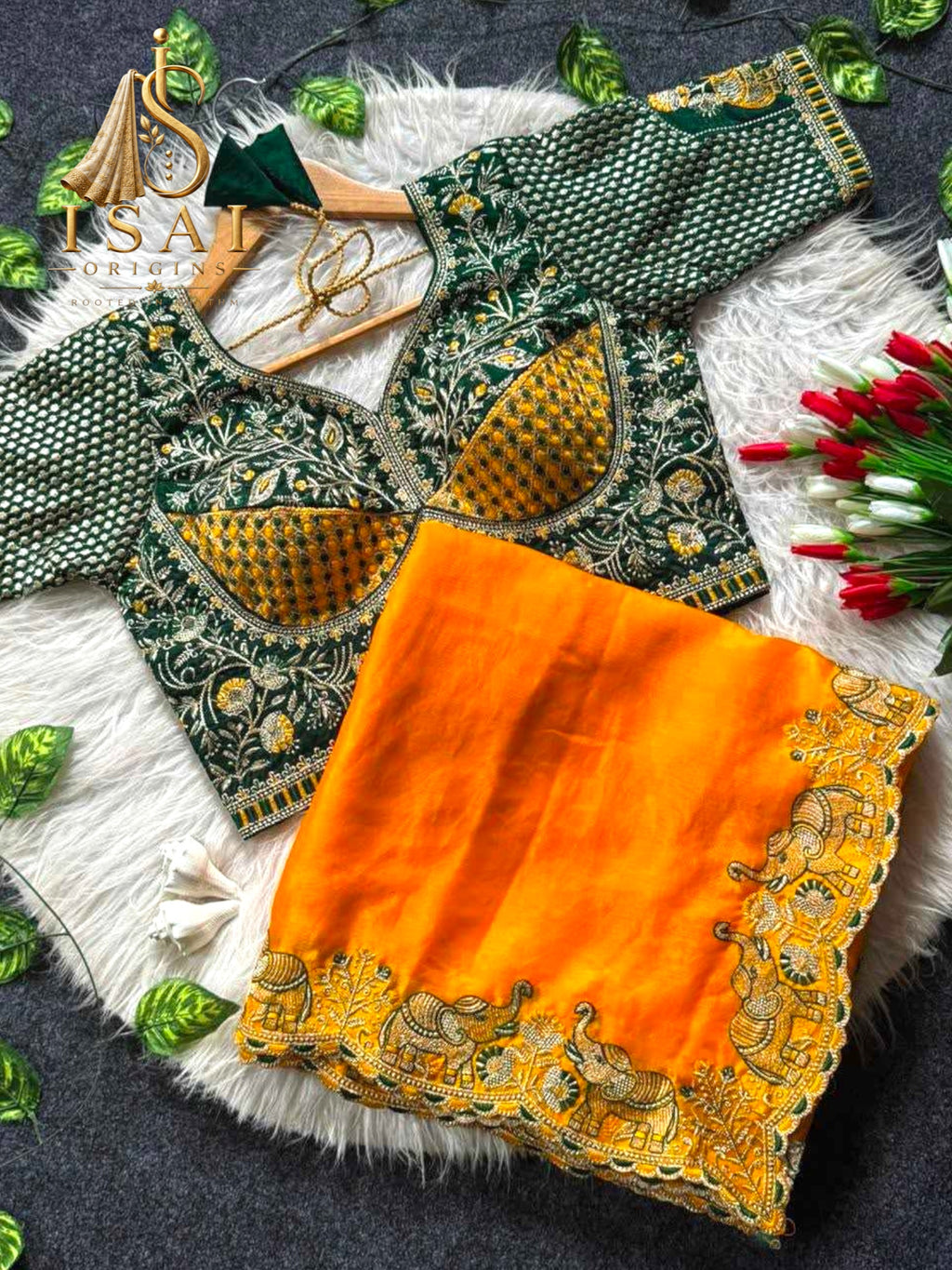 YAANISAI - The Soft Satin Elephant Embroidered Designer Saree Set