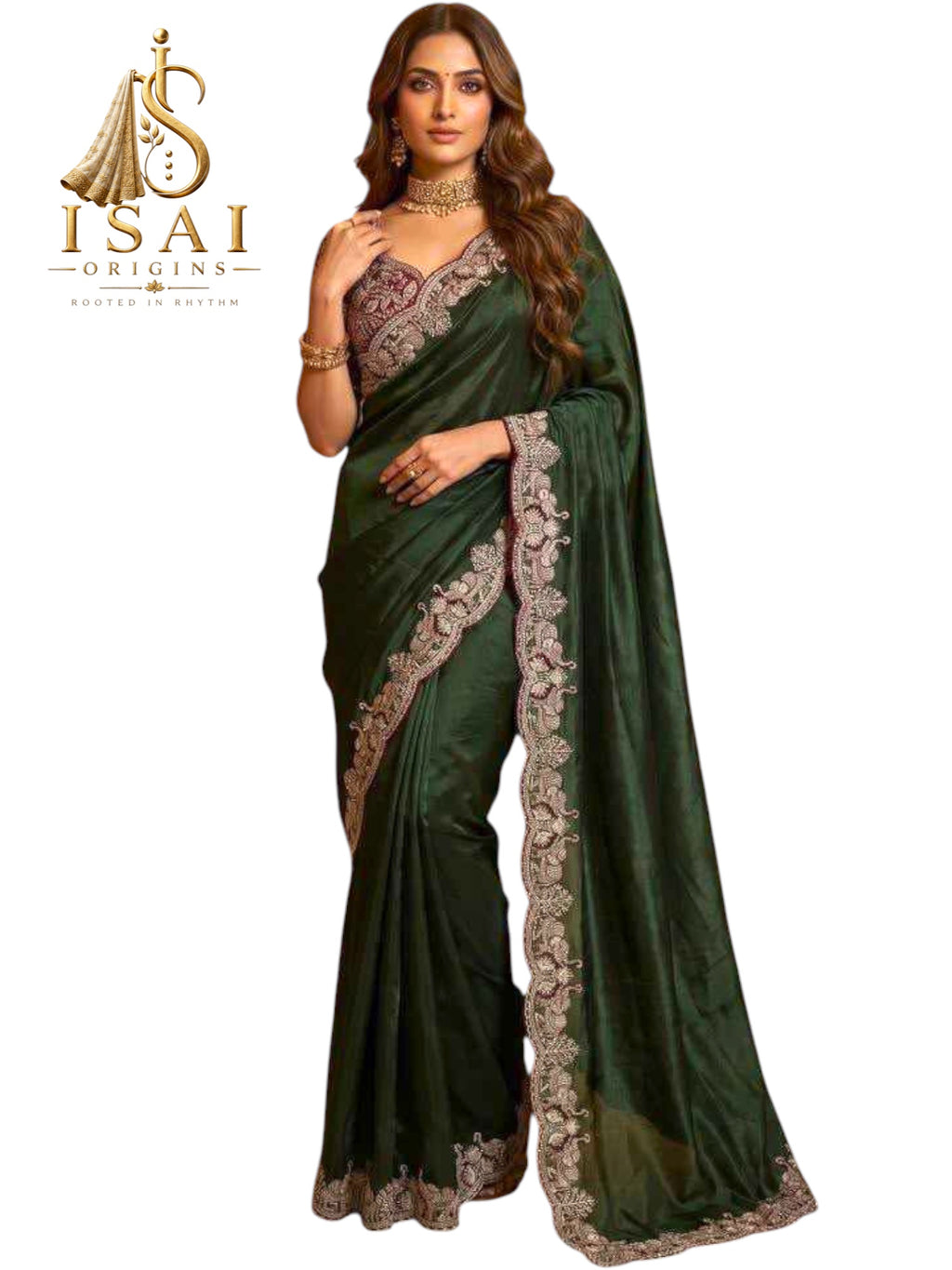 YAANISAI - The Soft Satin Elephant Embroidered Designer Saree Set