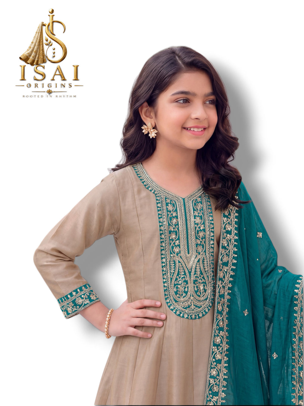 THAALAM - The Beige & Teal Heritage Anarkali Set - Kids & Adults (36-40)