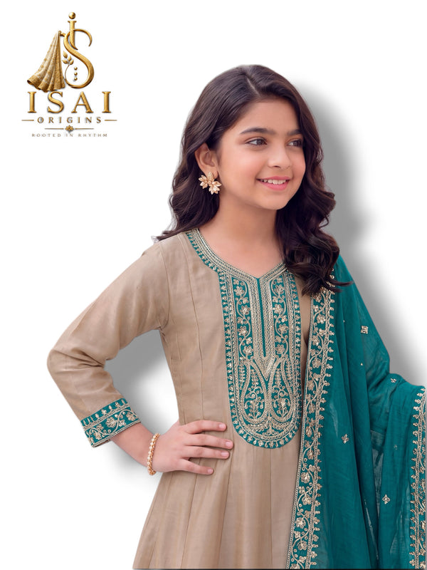 THAALAM - The Beige & Teal Heritage Anarkali Set - Kids & Adults (36-40)