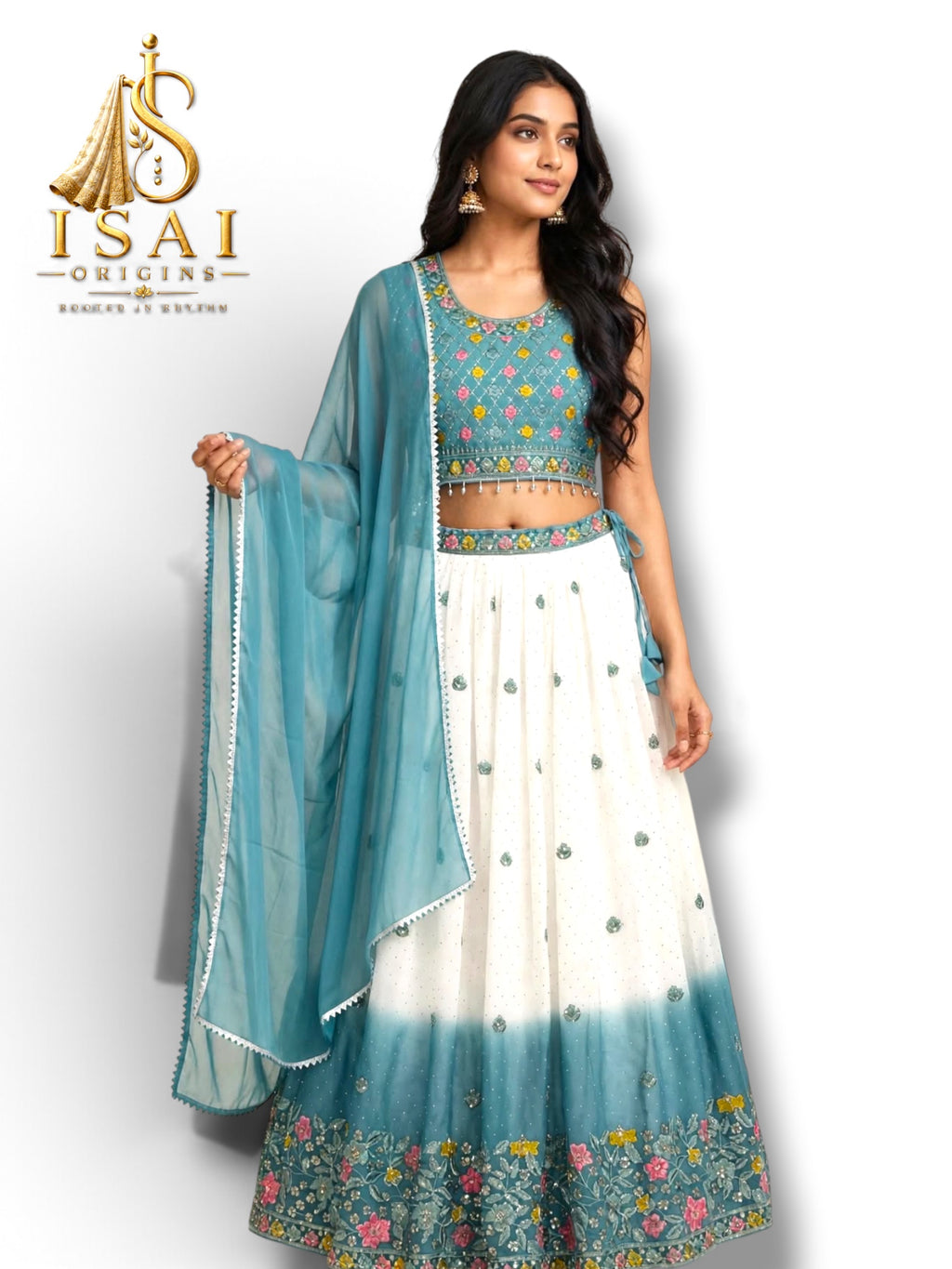 KADAL - Teal Green Ombre Floral Lehenga Set - Kids & Adults (32-40)