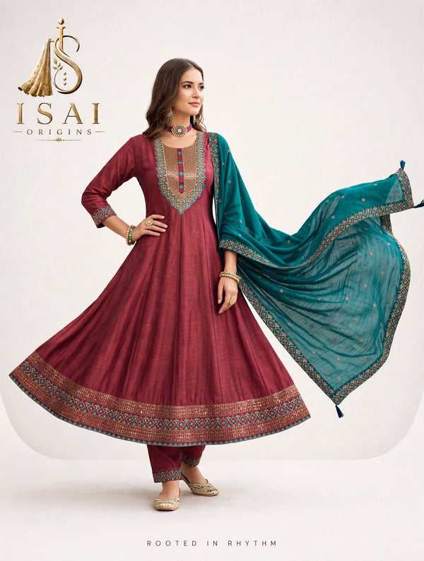 RUTHRA - The Maroon & Teal Green Heritage Anarkali Set - Kids & Adults  (36-40)