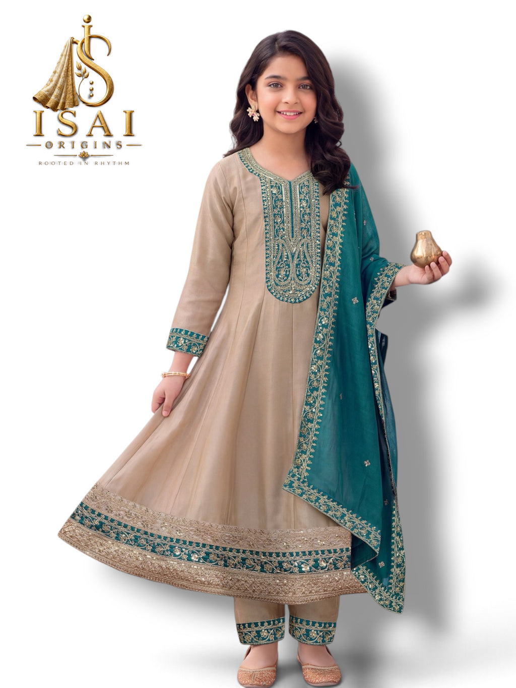 THAALAM - The Beige & Teal Heritage Anarkali Set - Kids & Adults (36-40)