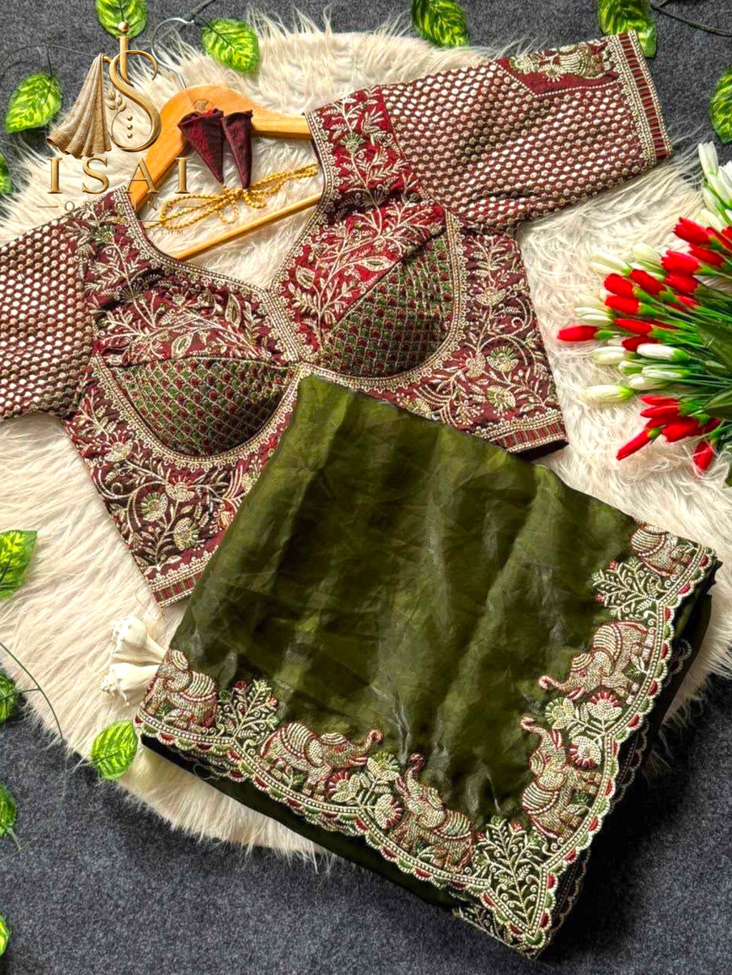YAANISAI - The Soft Satin Elephant Embroidered Designer Saree Set