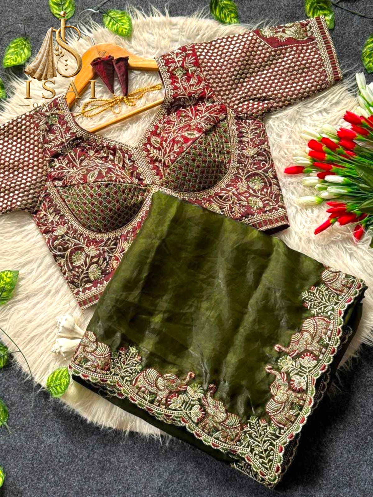 YAANISAI - The Soft Satin Elephant Embroidered Designer Saree Set