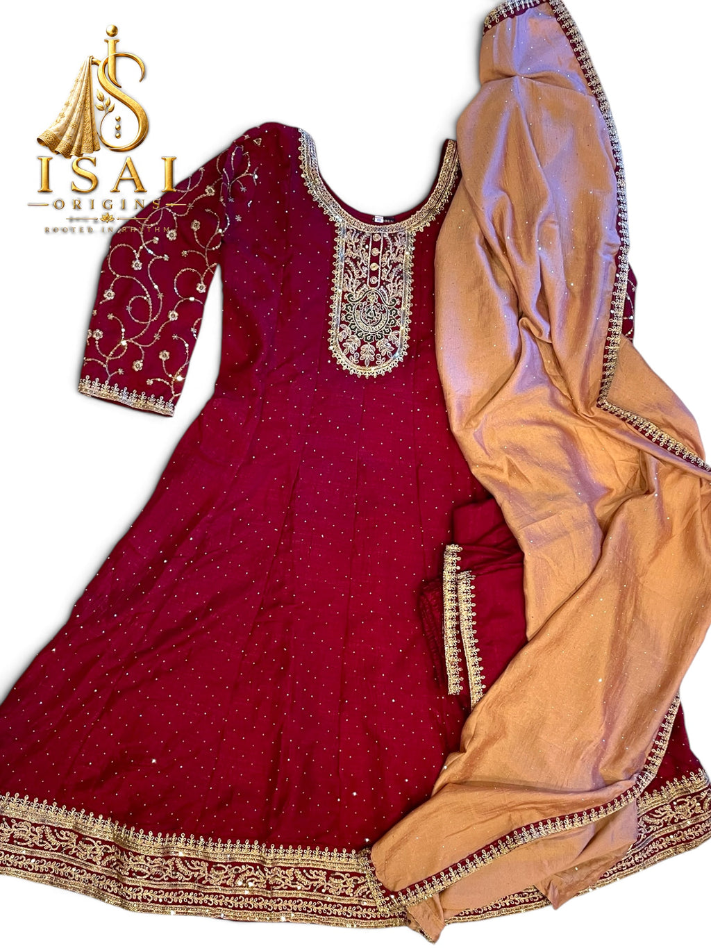 THENRAL - Burgundy Embroidered Anarkali Set with Beige Dupatta - Adults 36|38|40