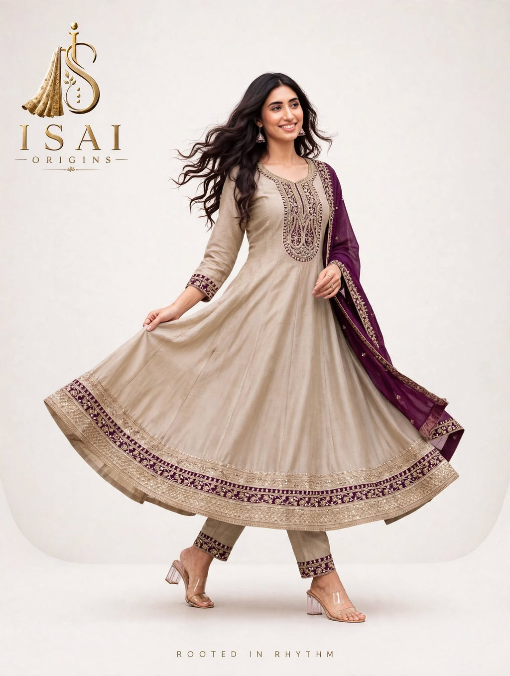 THAALAM - The Beige & Royale Purple Heritage Anarkali Set - Adults (M-XXL)