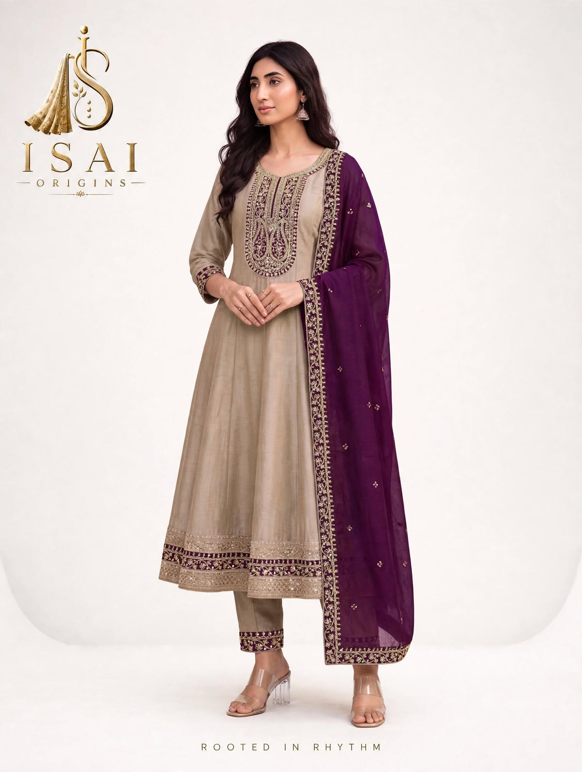 THAALAM - The Beige & Royale Purple Heritage Anarkali Set - Adults (M-XXL)