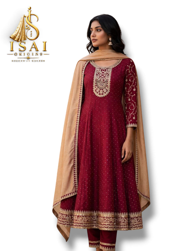 THENRAL - Burgundy Embroidered Anarkali Set with Beige Dupatta - Adults 36|38|40