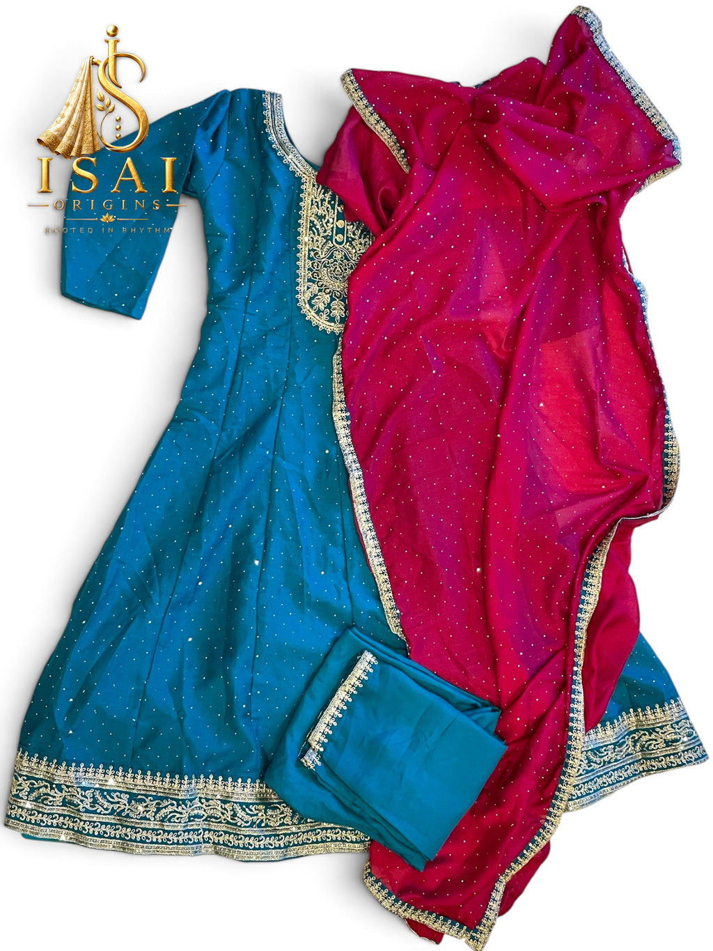 PAVALAM - Teal Blue Embroidered Anarkali Set with Ruby Dupatta - Adults 36|38|40