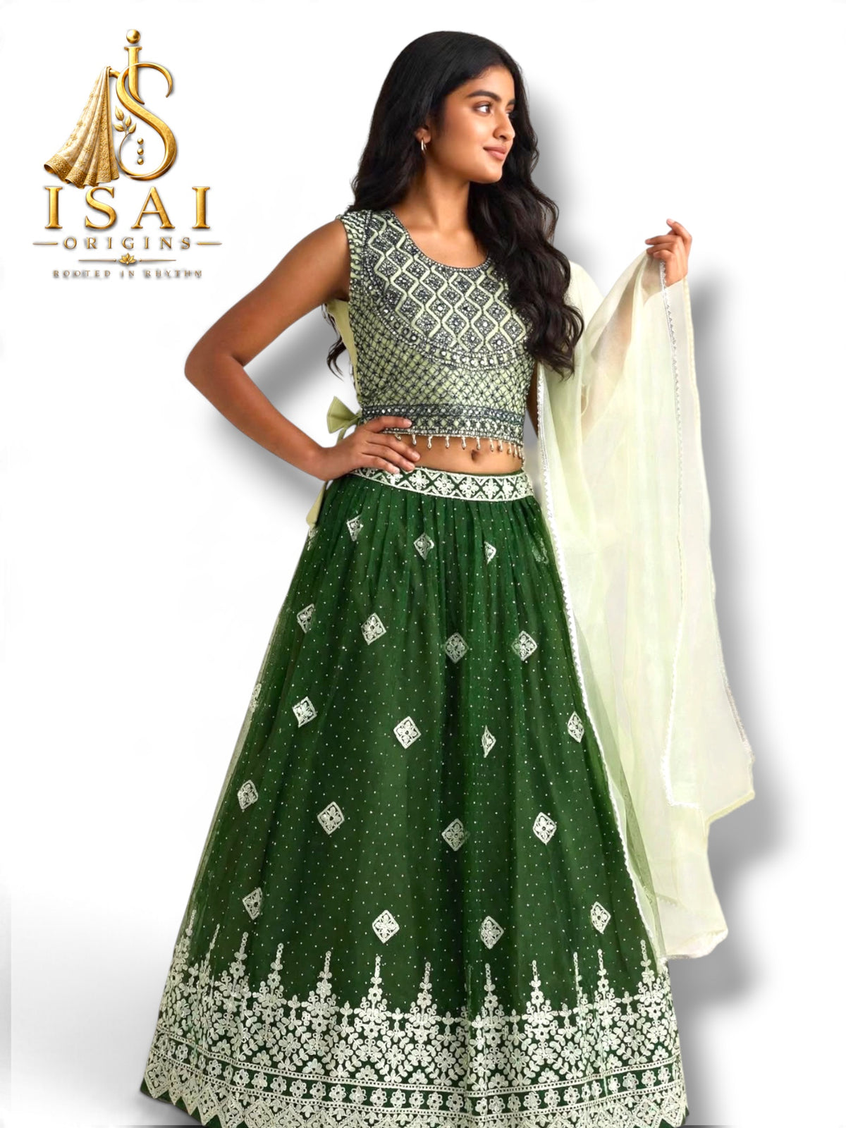 ROJA - Emerald Green & Silver Embroidered Lehenga Set - Kids & Adults (32-40)