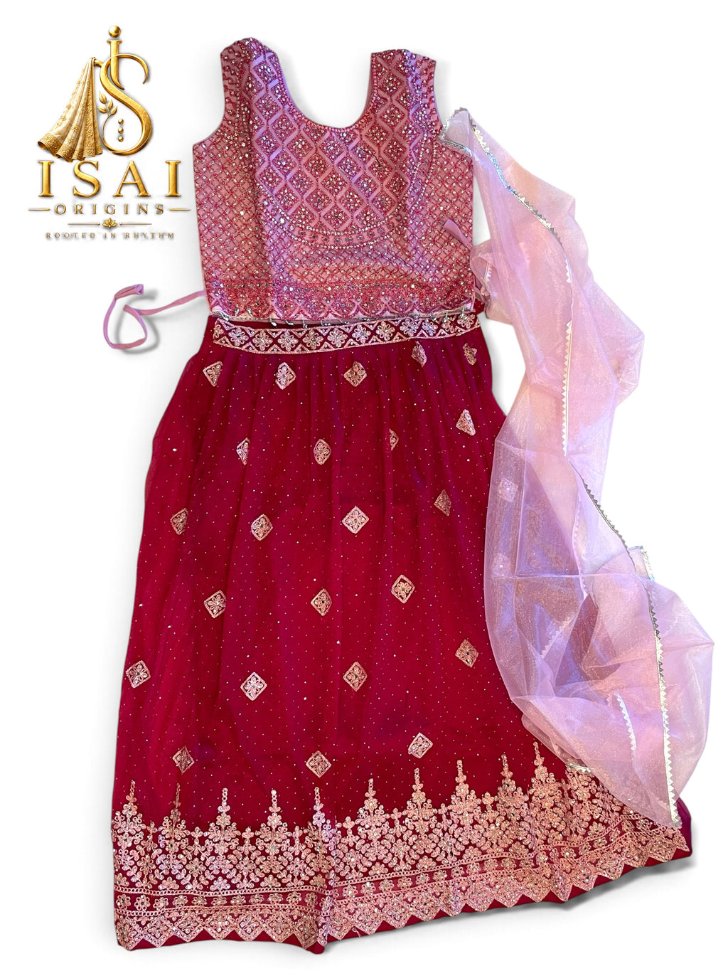 ROJA - Ruby Red  & Rose Gold Embroidered Lehenga Set- Kids & Adults (32-40)