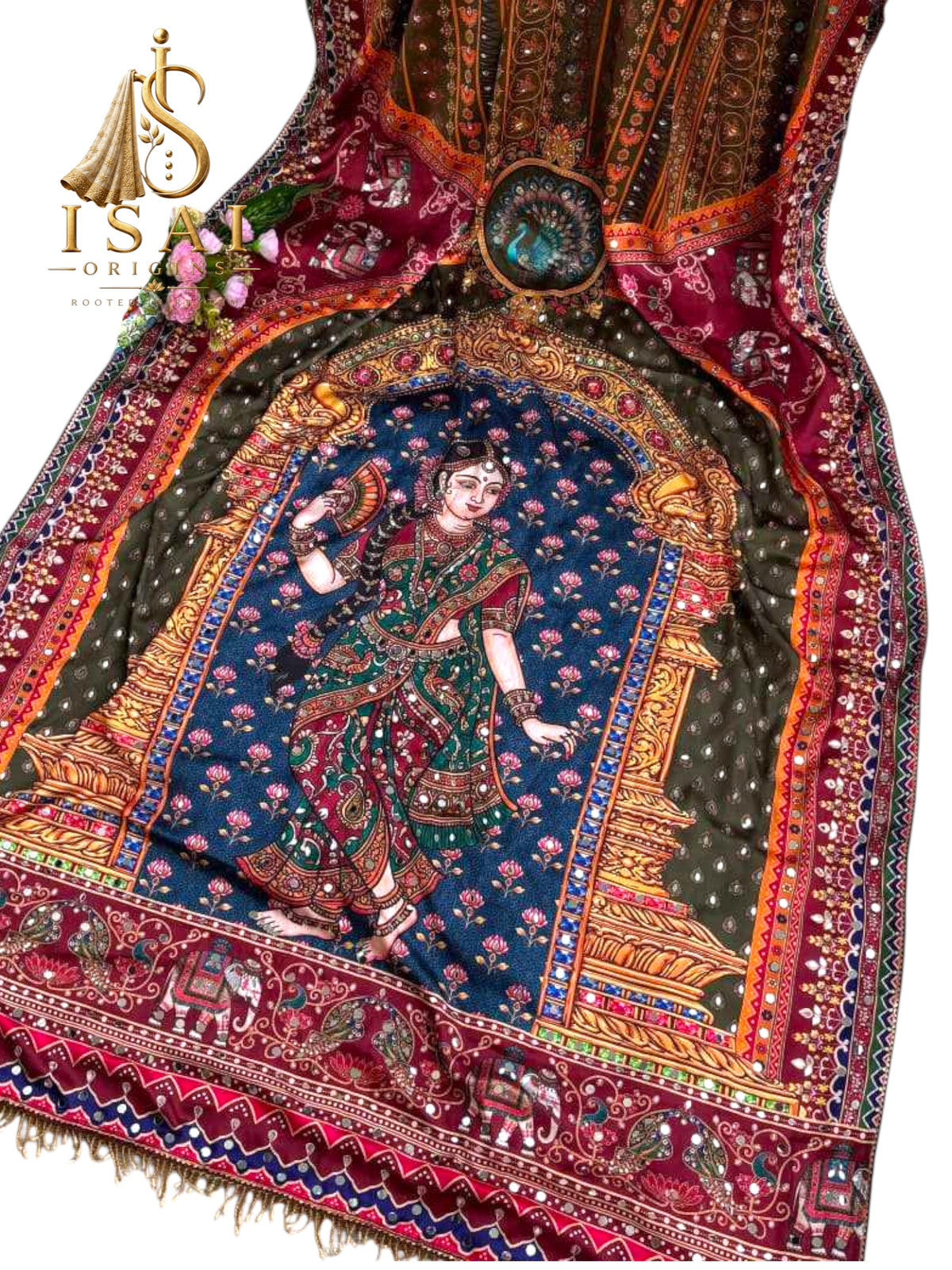 THEE - The Japan Sartin Mirror Print Saree with Moti Tassels Pallu and Gota Piping
