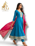 PAVALAM - Teal Blue Embroidered Anarkali Set with Ruby Dupatta - Adults 36|38|40