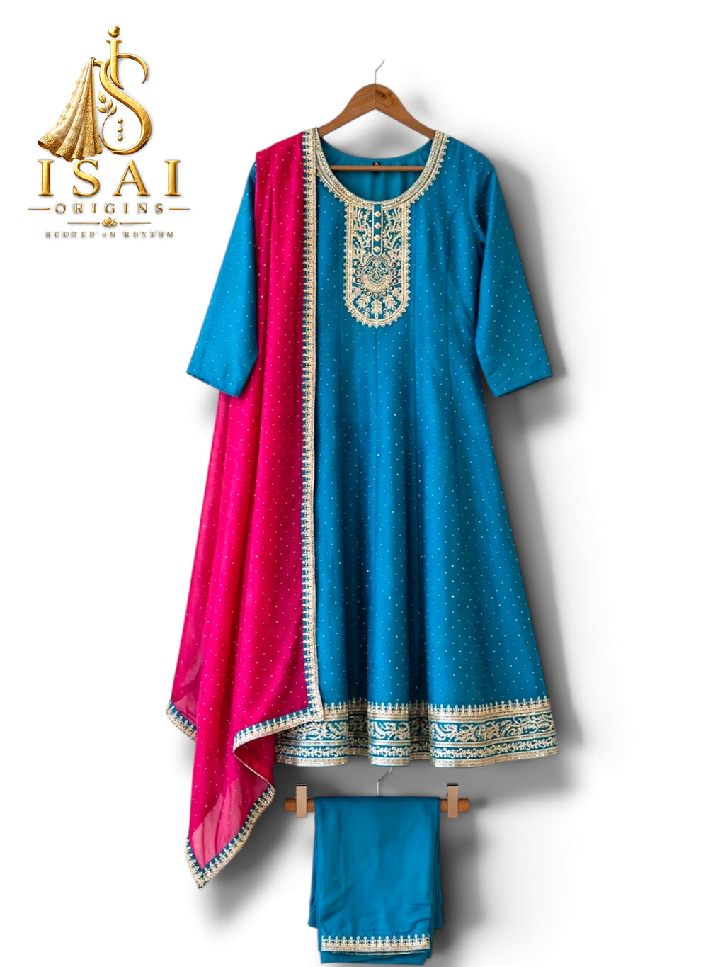 PAVALAM - Teal Blue Embroidered Anarkali Set with Ruby Dupatta - Adults 36|38|40