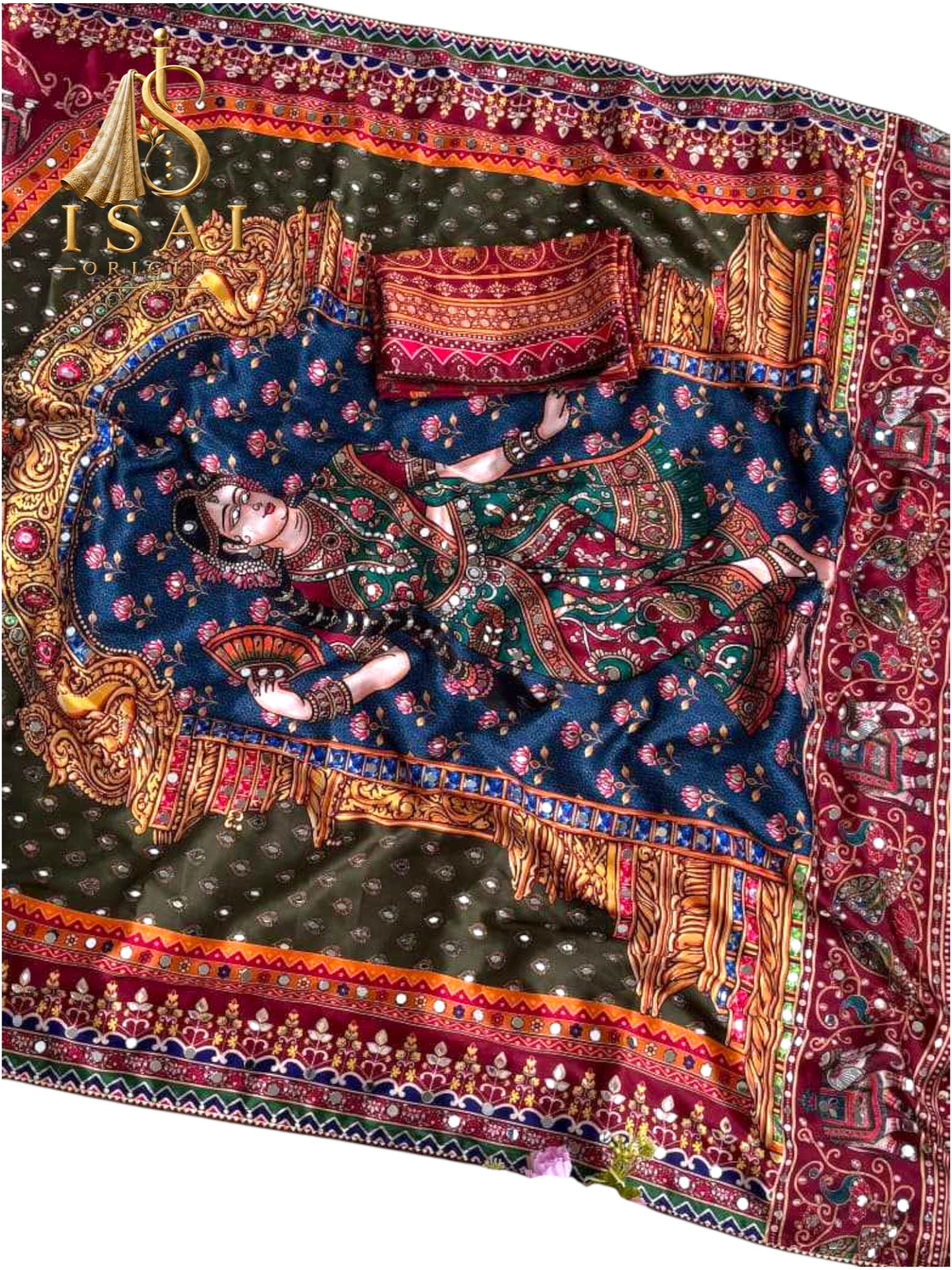 THEE - The Japan Sartin Mirror Print Saree with Moti Tassels Pallu and Gota Piping