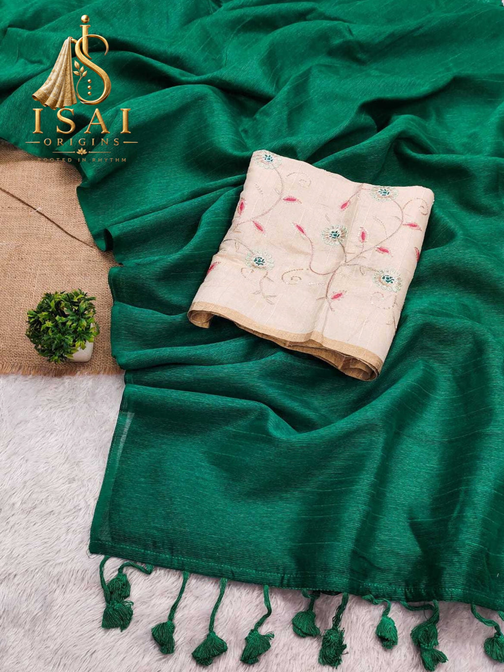 MALAR - The Soft Mugha Cotton Work Blouse Saree with Pom Pom Tassels