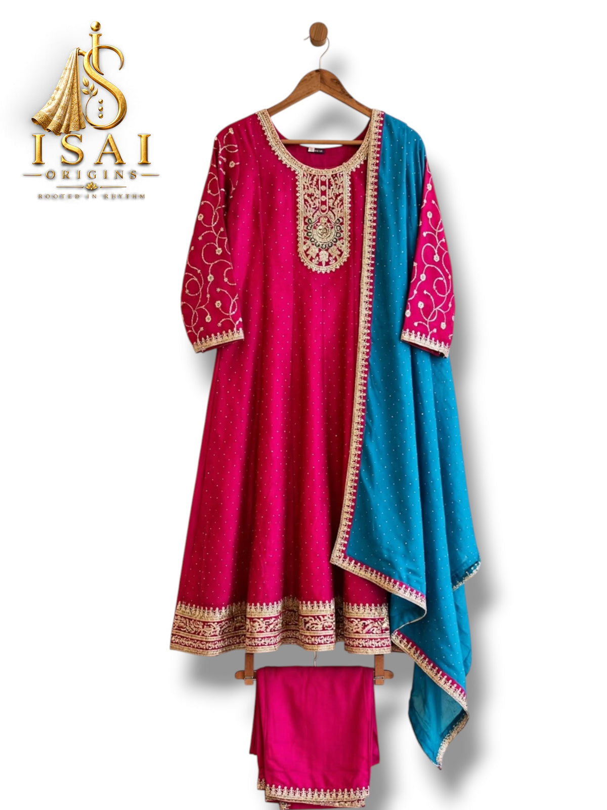 VAANATHI - Ruby Red Embroidered Anarkali Set with Teal Dupatta - Adults 36|38|40
