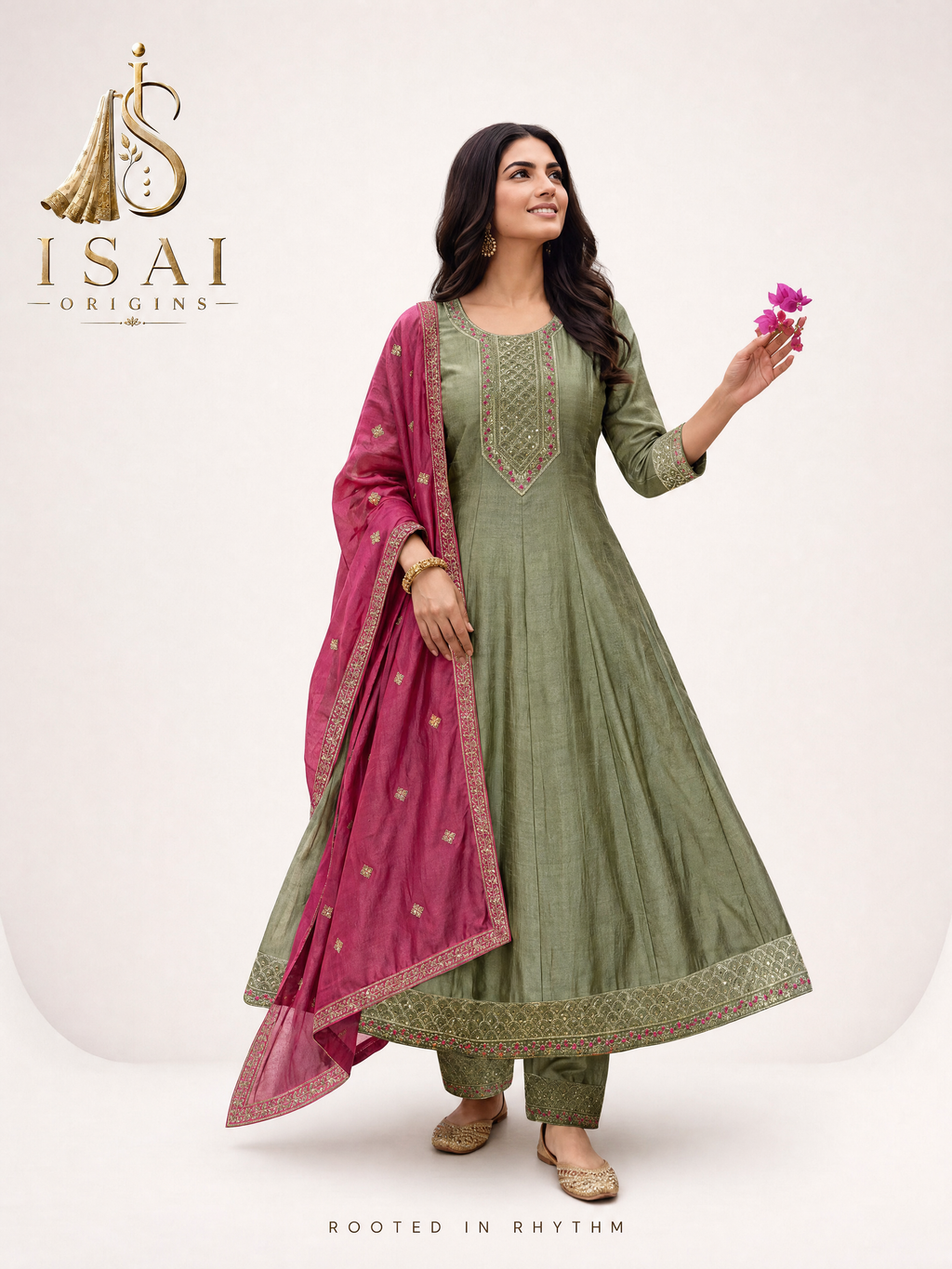 THULI | The Mehndi Green & Rani Pink Heritage Anarkali Set - Kids & Adults (36-XXL)