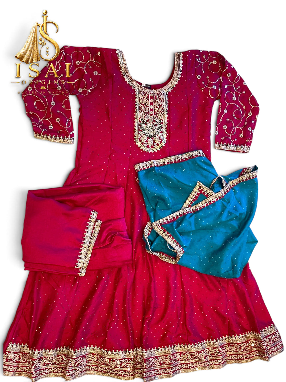 VAANATHI - Ruby Red Embroidered Anarkali Set with Teal Dupatta - Adults 36|38|40