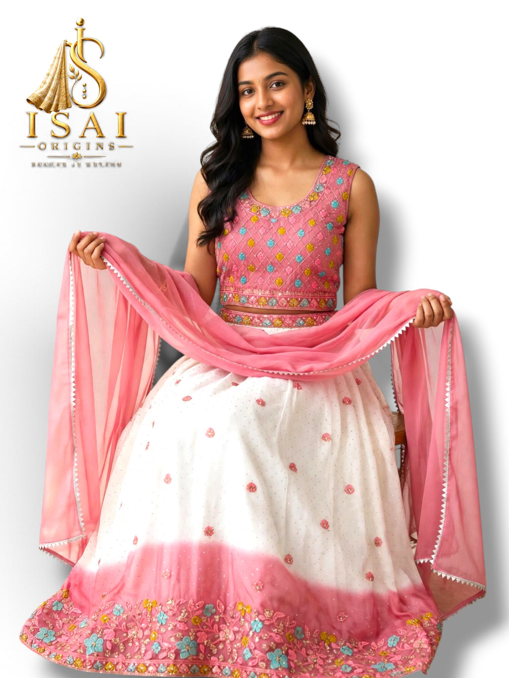 THAMARAI - The Dusty Rose Pink Ombre Floral Lehenga Set - Kids & Adults (32-40)