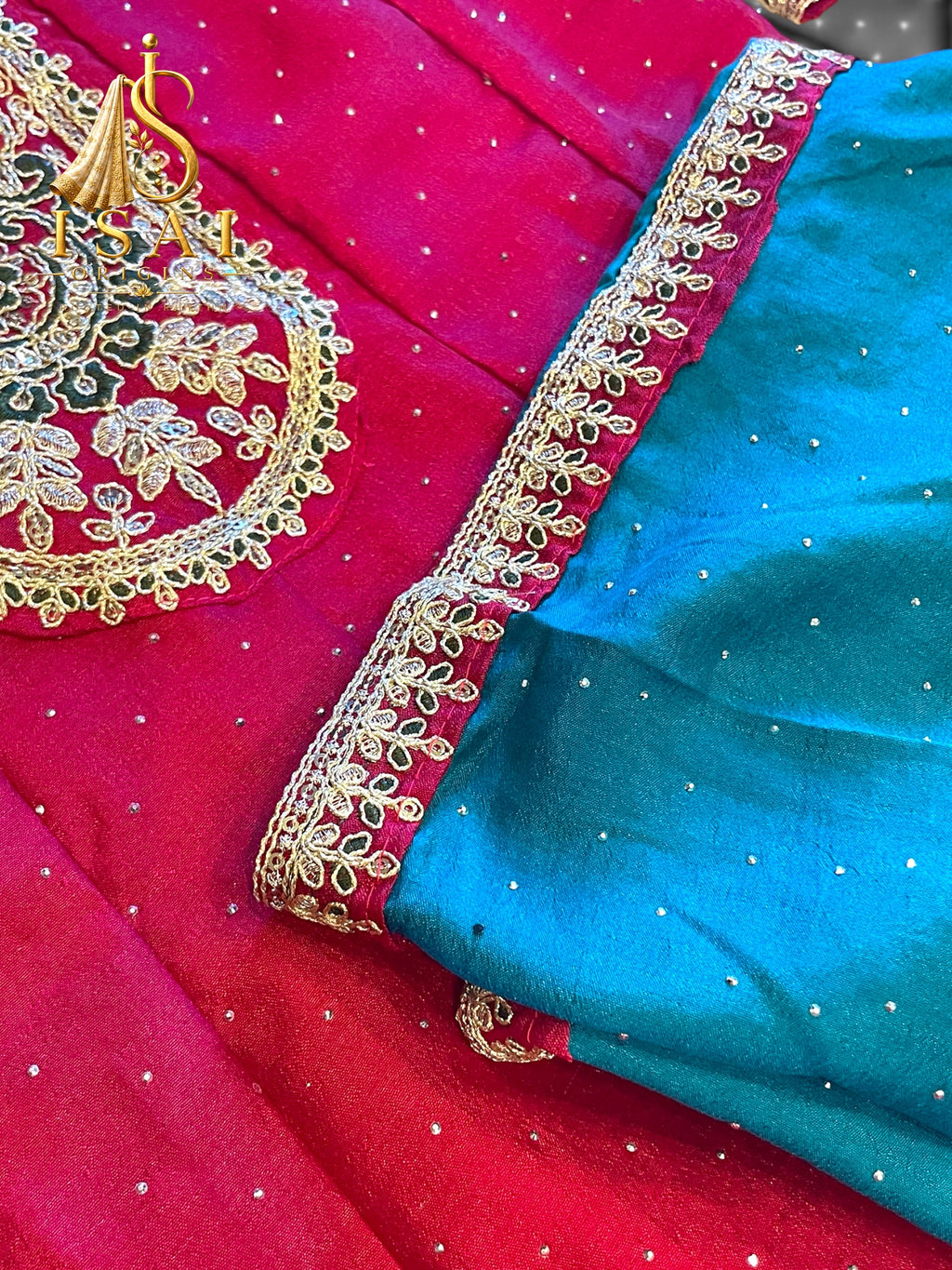 VAANATHI - Ruby Red Embroidered Anarkali Set with Teal Dupatta - Adults 36|38|40