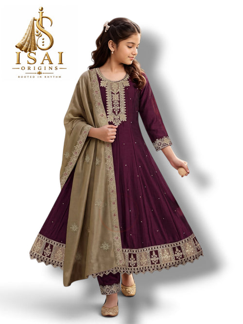 DHWANI - The Wine Purple & Taupe Heritage Anarkali Set - Kids & Adults (36-40)