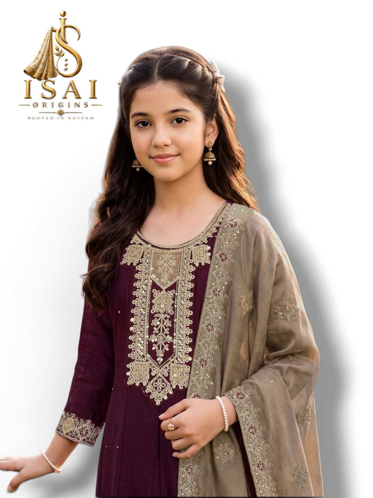 DHWANI - The Wine Purple & Taupe Heritage Anarkali Set - Kids & Adults (36-40)