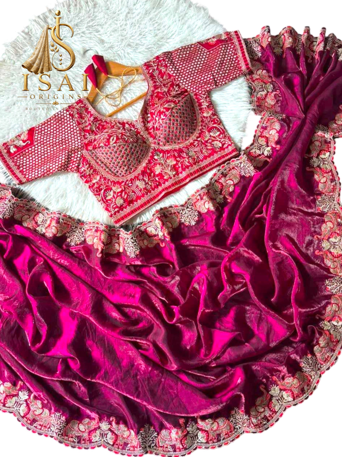YAANISAI - The Soft Satin Elephant Embroidered Designer Saree Set
