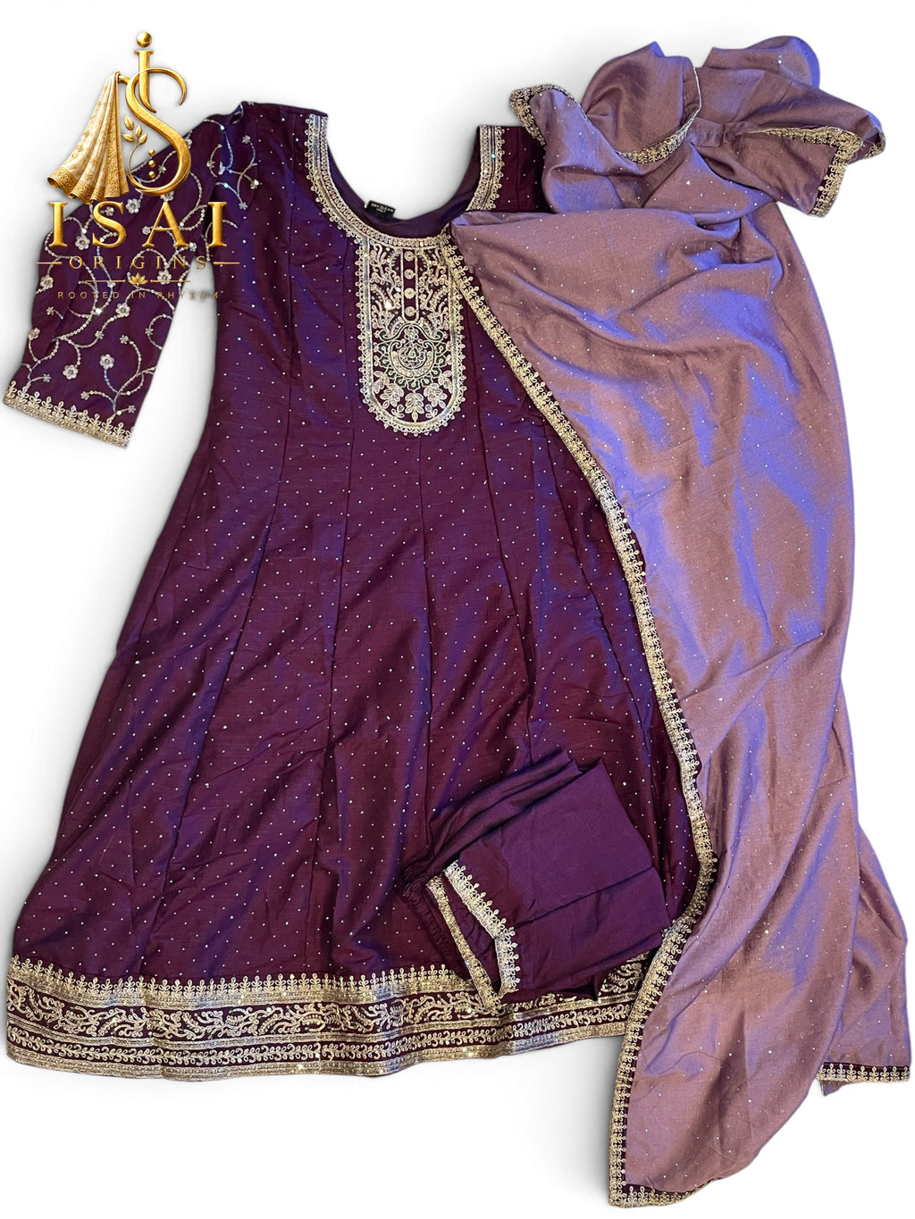 SENBAGAM - Deep Plum Embroidered Anarkali Set with Mauve Dupatta - Adults 36|38|40