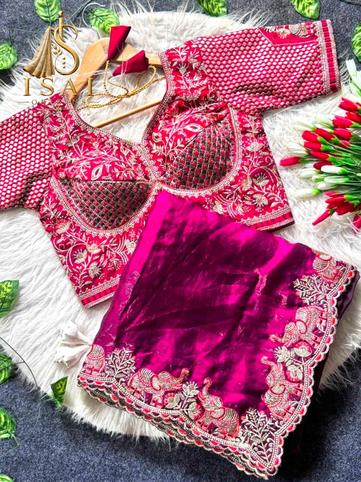 YAANISAI - The Soft Satin Elephant Embroidered Designer Saree Set