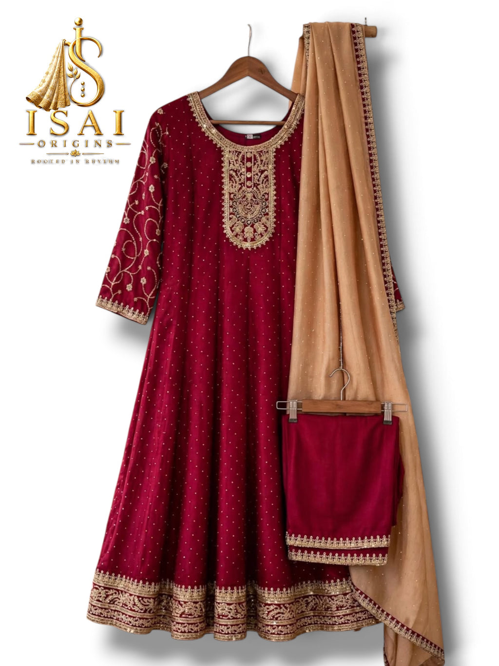 THENRAL - Burgundy Embroidered Anarkali Set with Beige Dupatta - Adults 36|38|40
