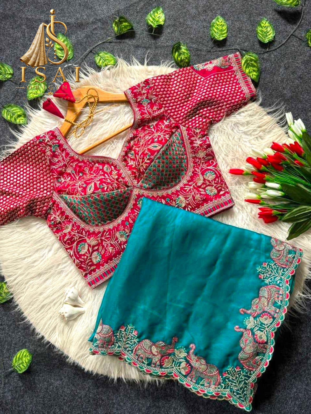 YAANISAI - The Soft Satin Elephant Embroidered Designer Saree Set