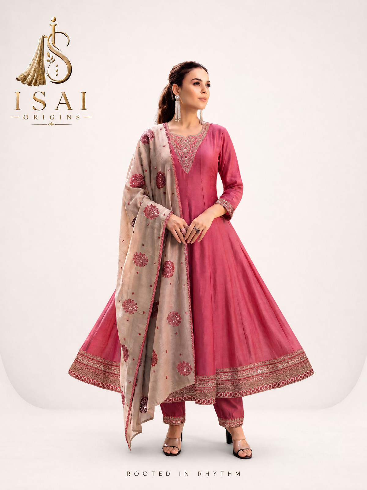 SRUTI - The Rose Pink & Taupe Mandala Heritage Anarkali Set - Kids & Adults (36-XXL)
