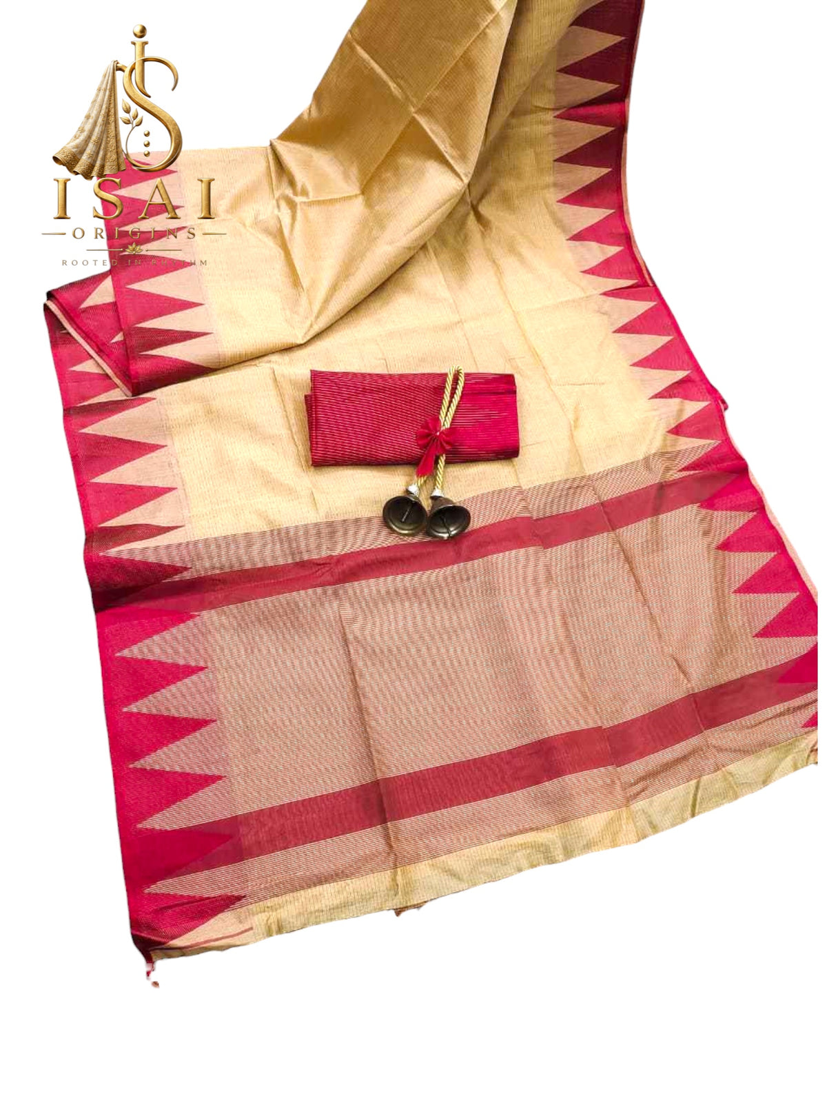 PAADAL - The Soft Khadi Raw Silk Contrast Temple Border Saree with Tassels