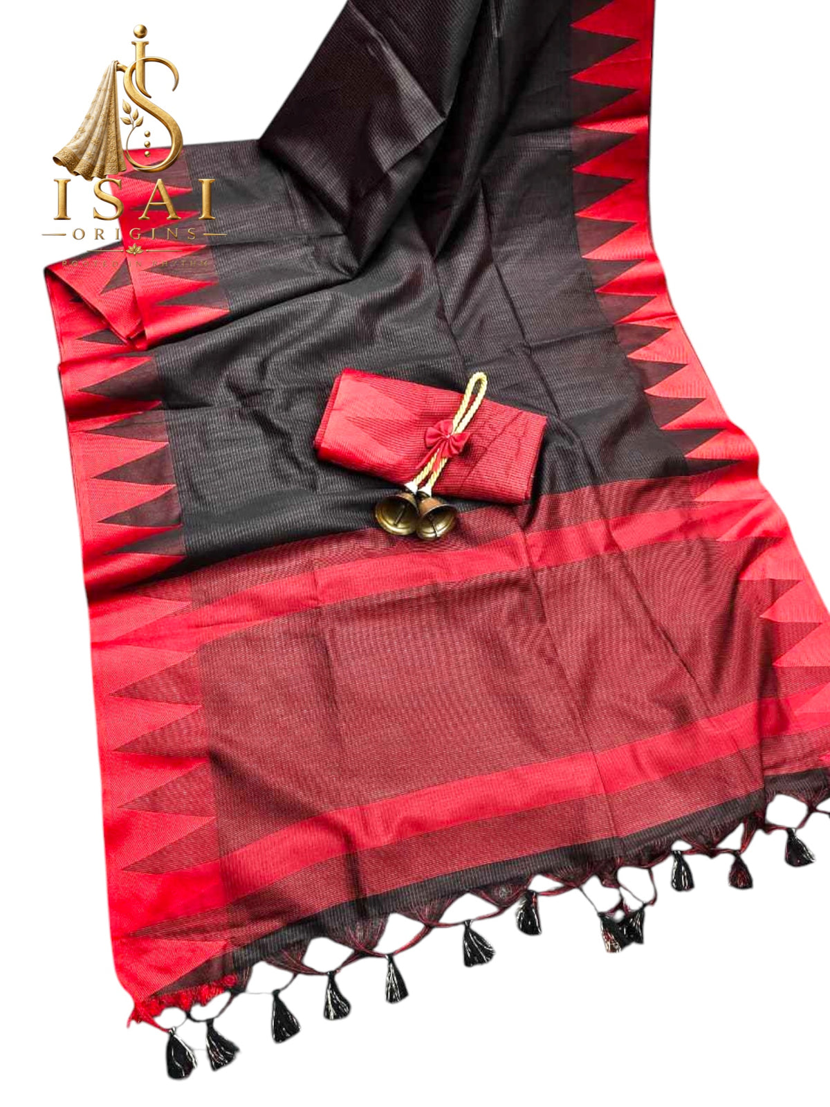 PAADAL - The Soft Khadi Raw Silk Contrast Temple Border Saree with Tassels