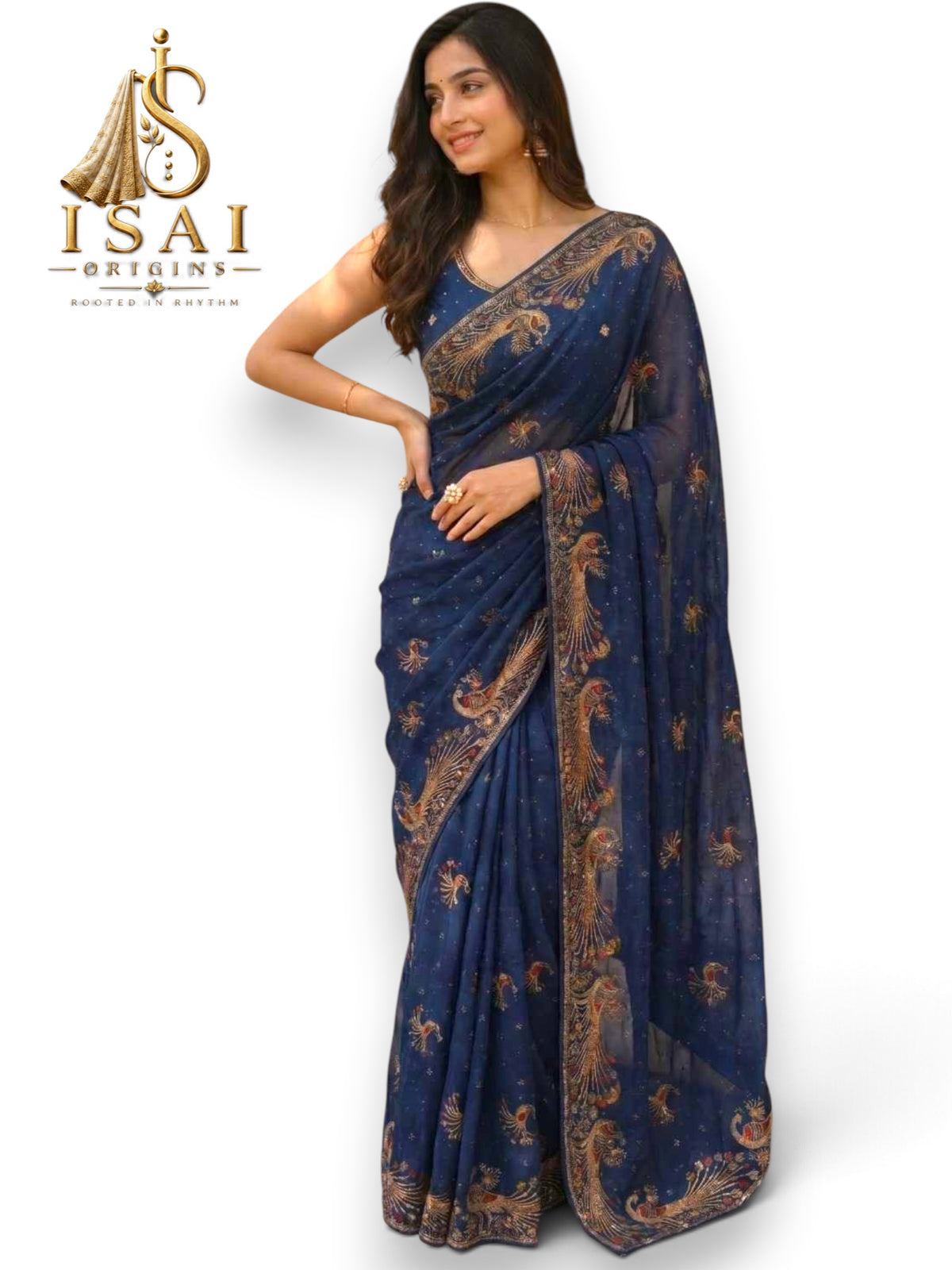 VAANAVIL - The Light Weighted Chiffon Satin Patta Multi Embroidery Saree
