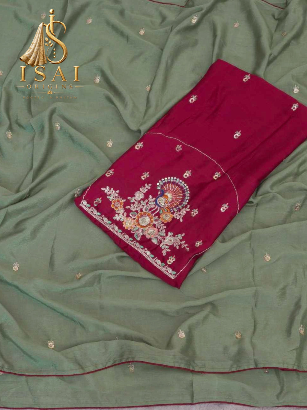 MAYILARASI - The Chinon Embroidery Butti Sequence Piping Saree