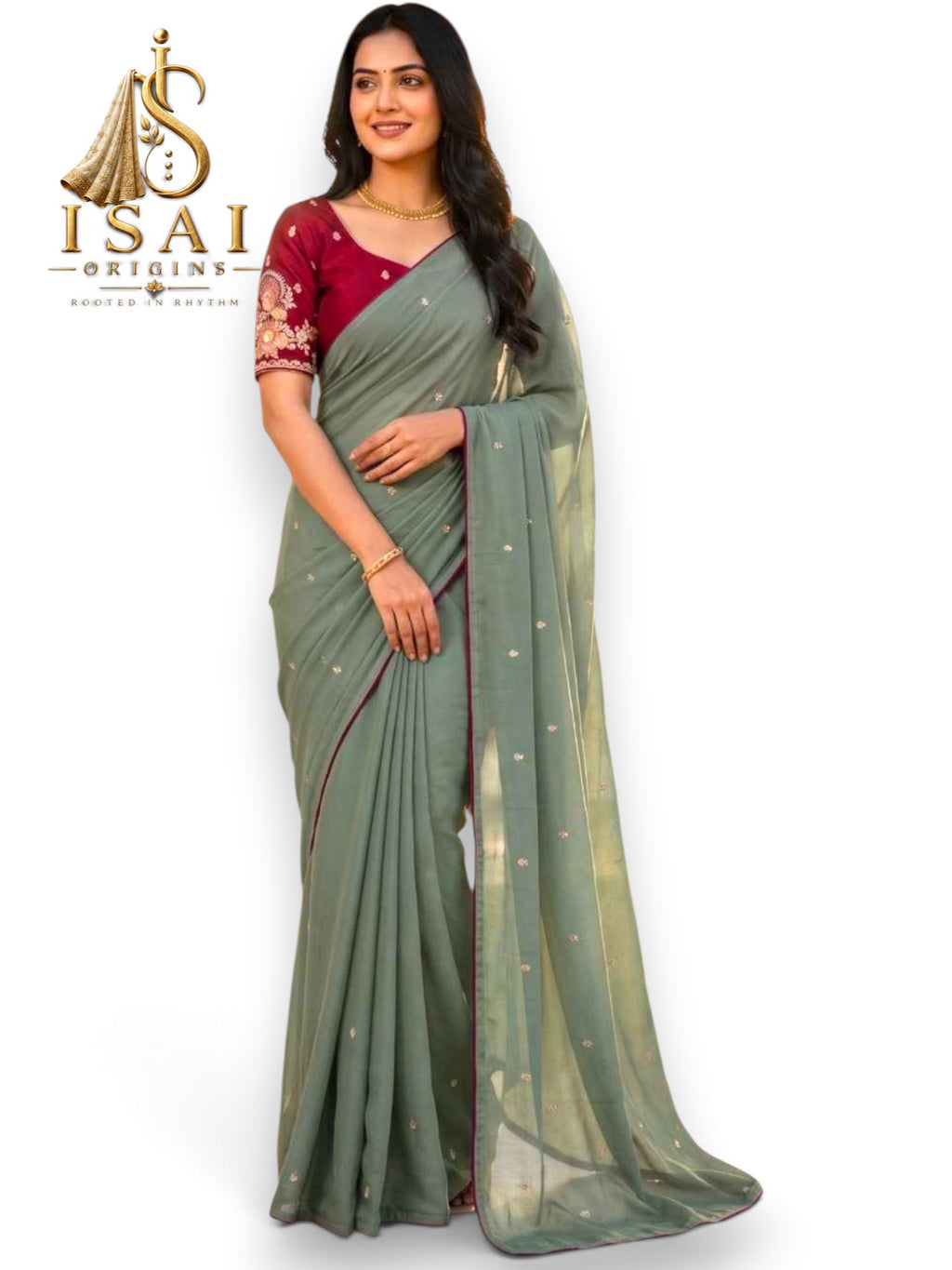 MAYILARASI - The Chinon Embroidery Butti Sequence Piping Saree