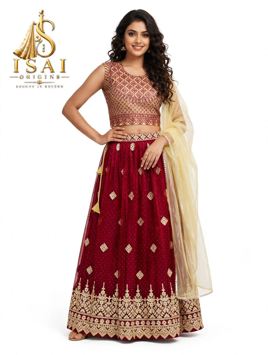 ROJA - Ruby Red & Champagne Gold Embroidered Lehenga Set - Kids & Adults (32-40)