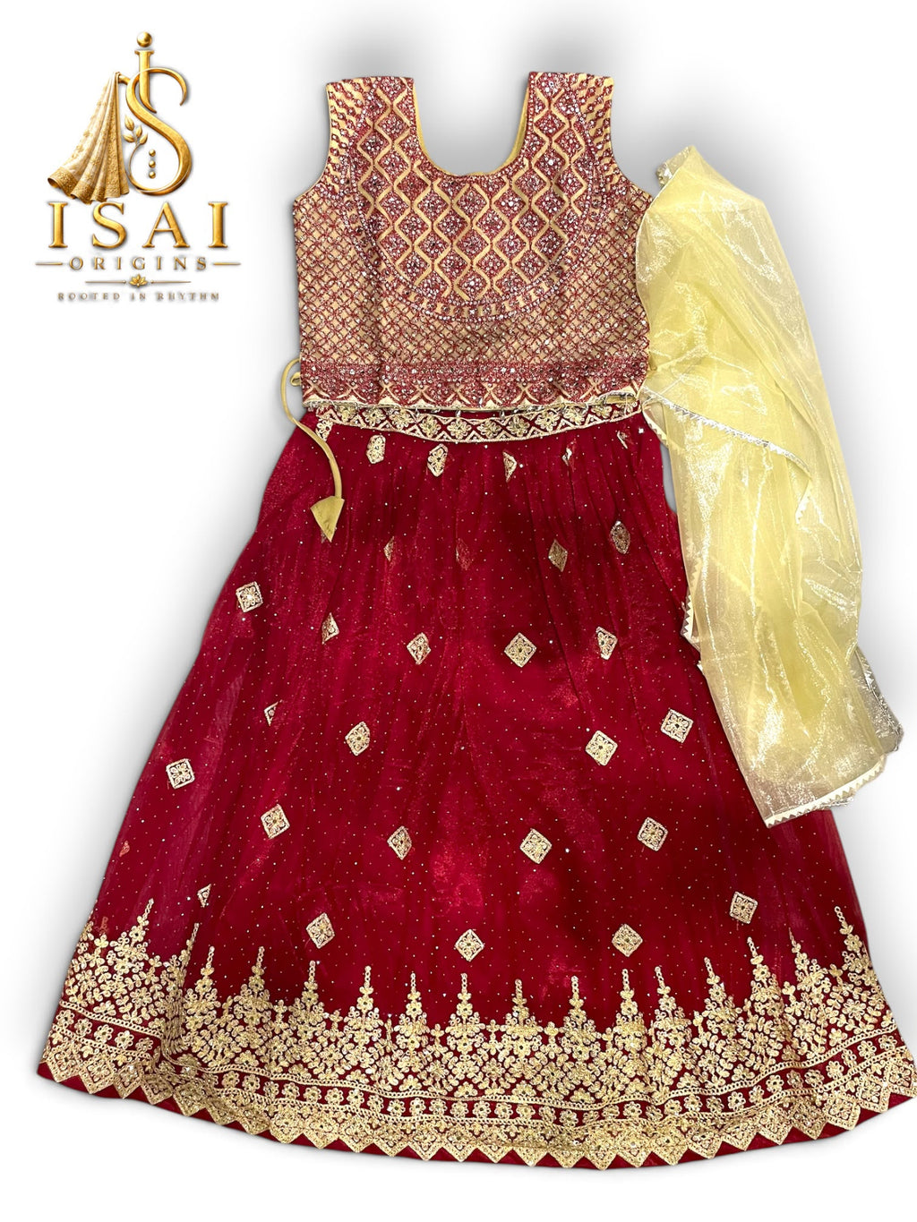 ROJA - Ruby Red & Champagne Gold Embroidered Lehenga Set - Kids & Adults (32-40)