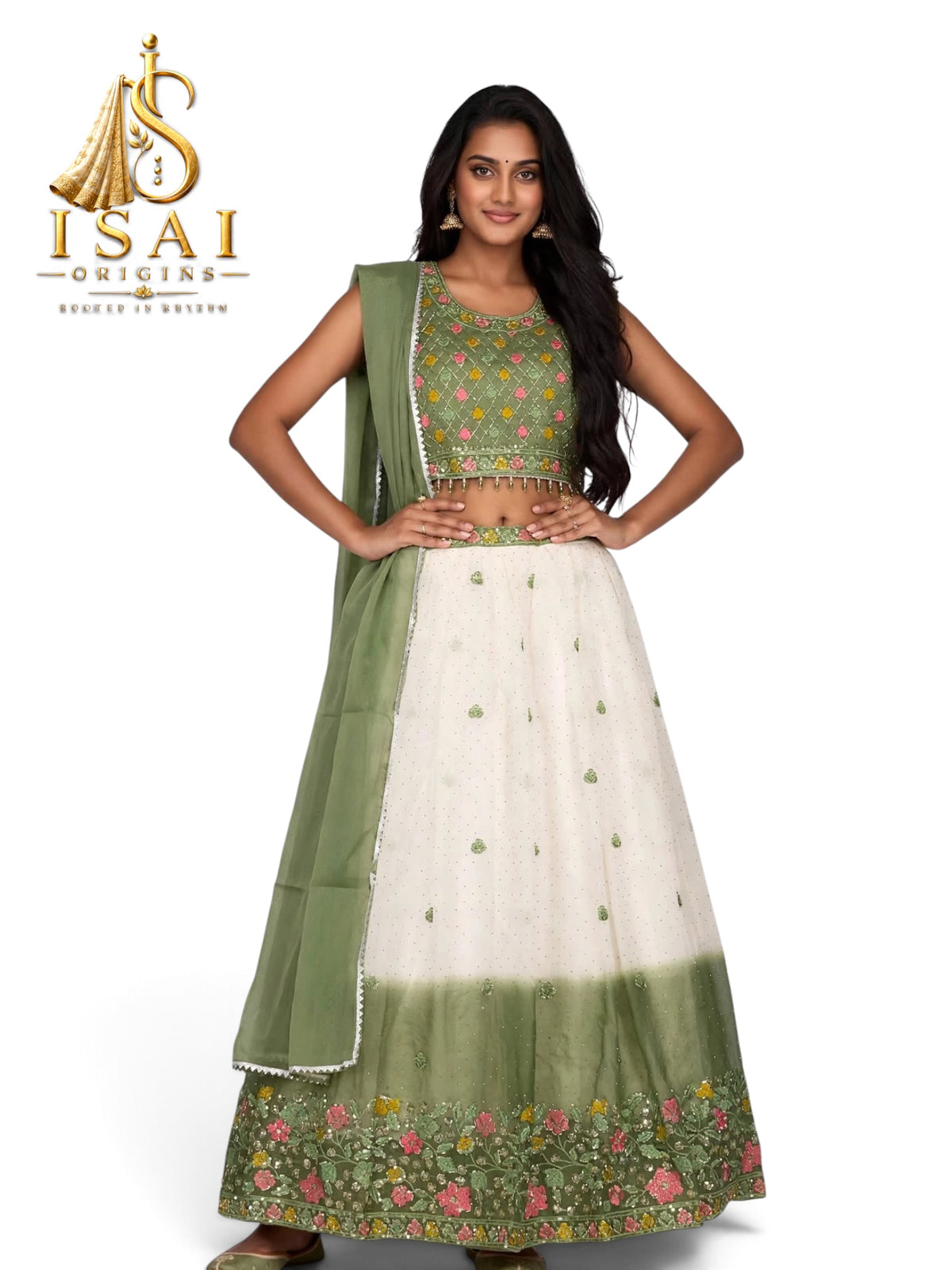MAYURI – Sage Green & Ivory Floral Lehenga Set