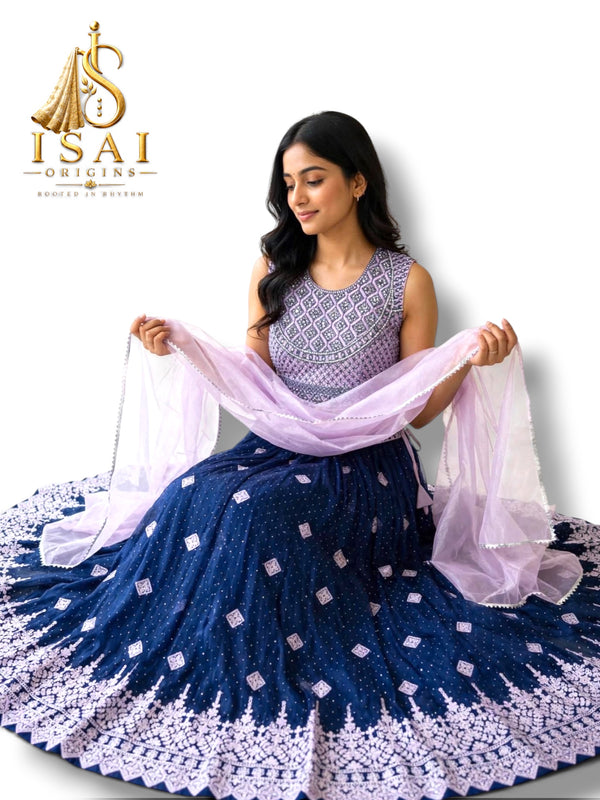 ROJA - Midnight Blue & Lavender Embroidered Lehenga Set- Kids & Adults (32-40)