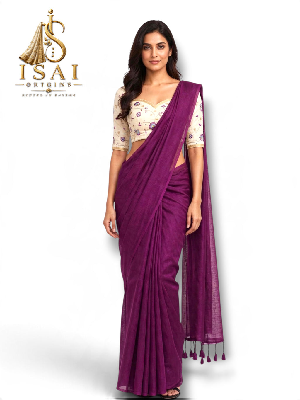 MALAR - The Soft Mugha Cotton Work Blouse Saree with Pom Pom Tassels