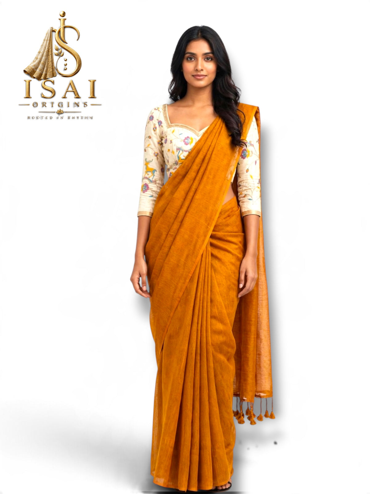 MALAR - The Soft Mugha Cotton Work Blouse Saree with Pom Pom Tassels