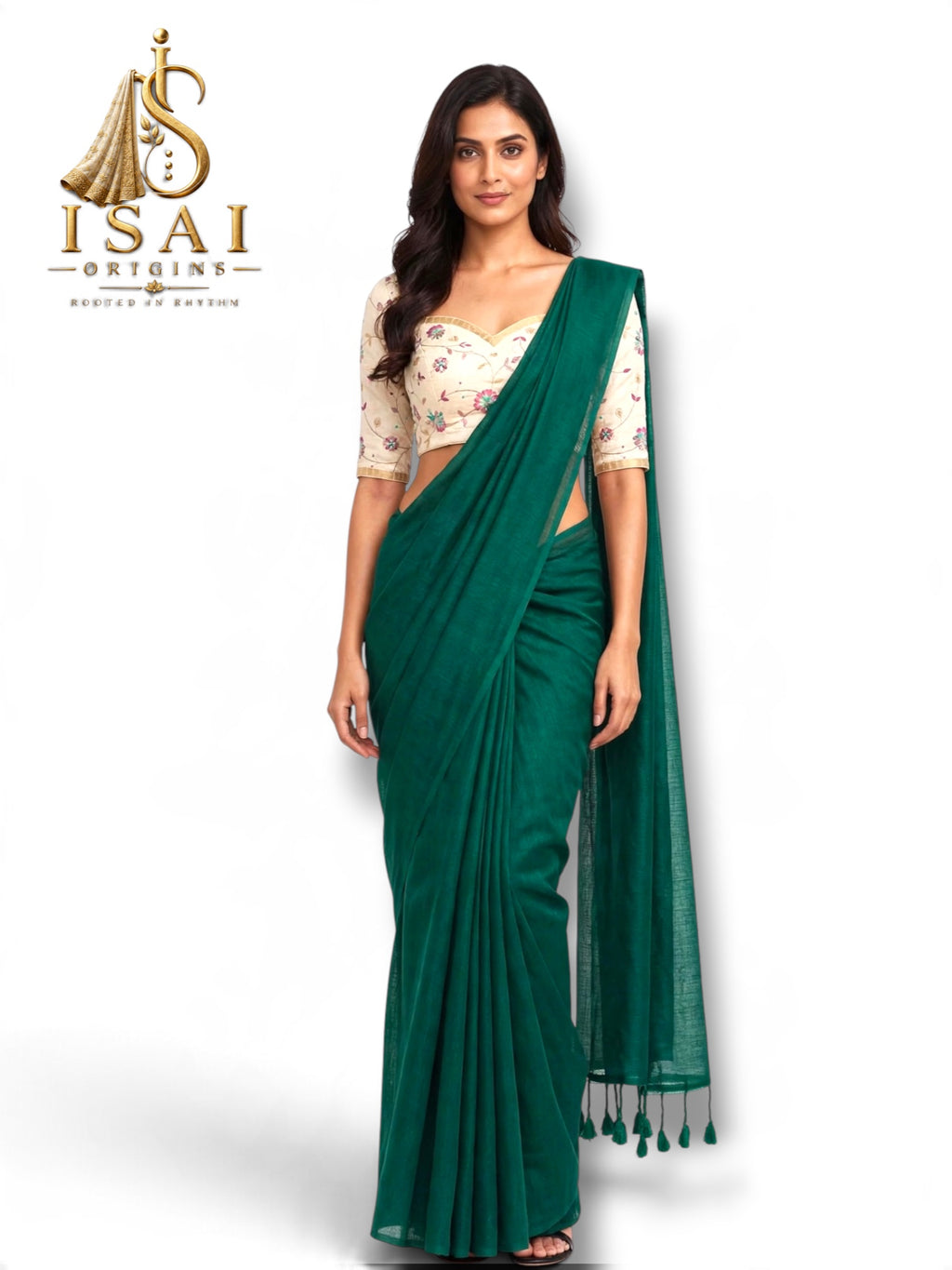 MALAR - The Soft Mugha Cotton Work Blouse Saree with Pom Pom Tassels