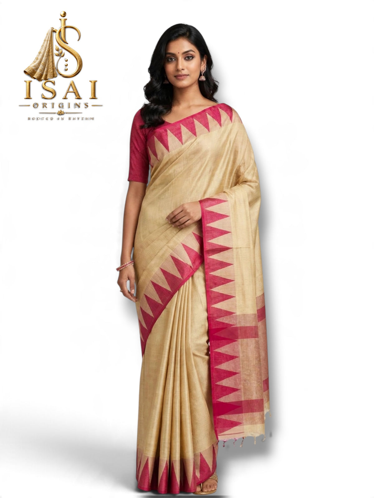 PAADAL - The Soft Khadi Raw Silk Contrast Temple Border Saree with Tassels