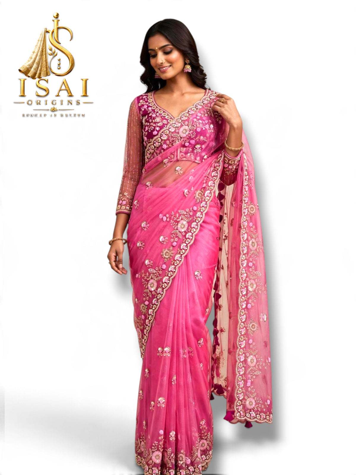 VEYIL - The Very Soft Net Heavy Beads Moti Sequin Embroidered Saree with Stitched Blouse