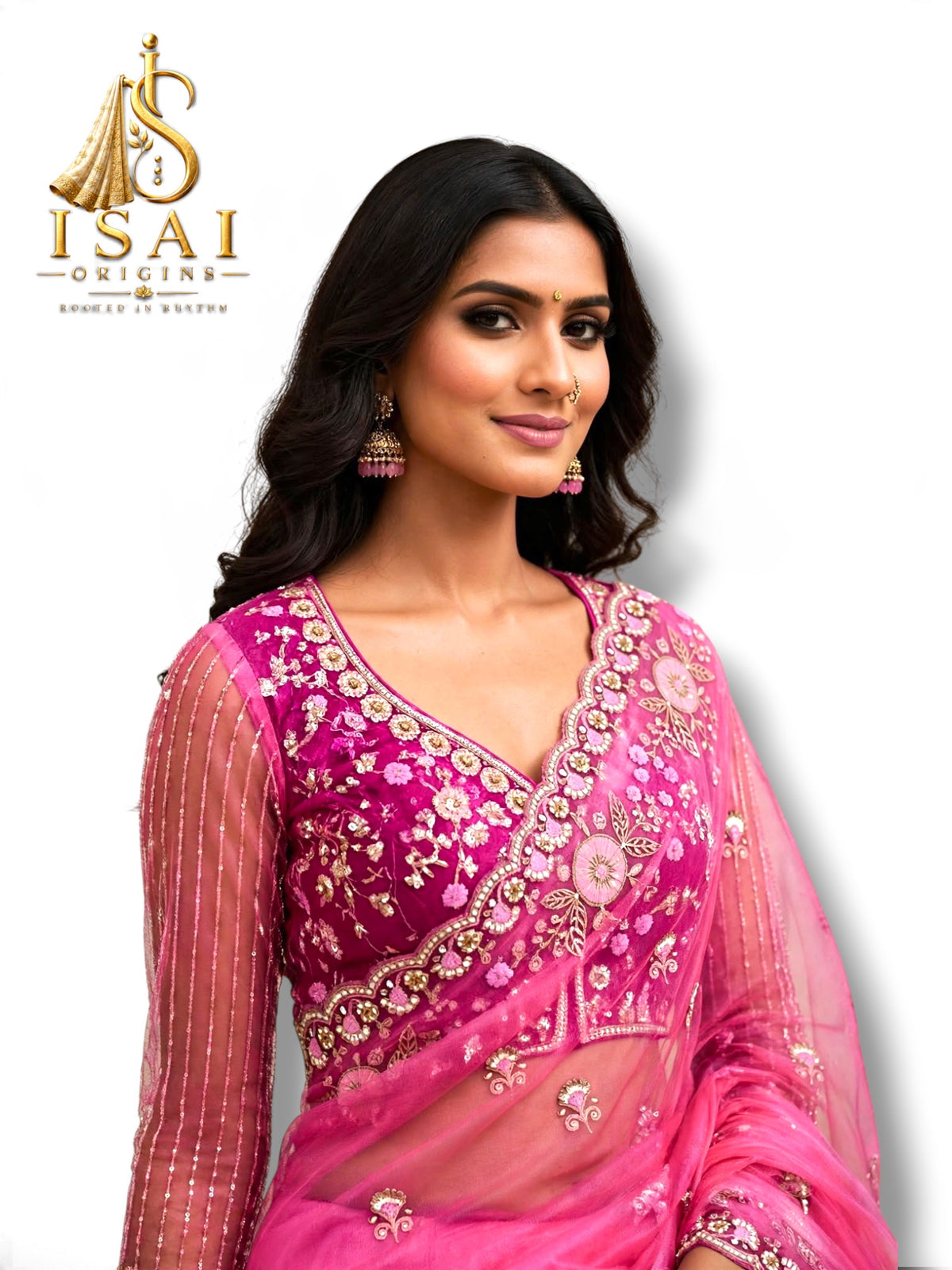 VEYIL - The Very Soft Net Heavy Beads Moti Sequin Embroidered Saree with Stitched Blouse