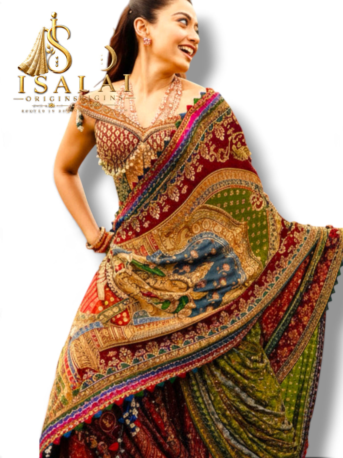 THEE - The Japan Sartin Mirror Print Saree with Moti Tassels Pallu and Gota Piping